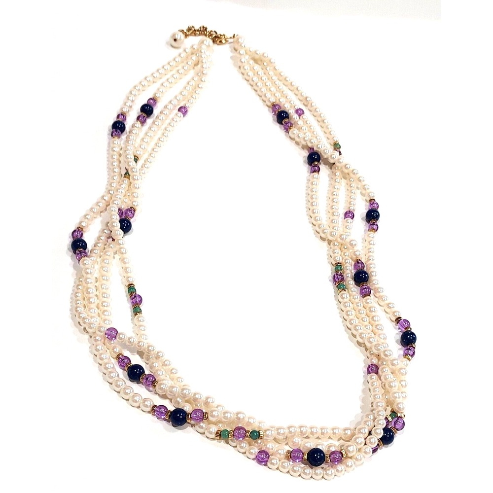 Necklace - Multi Strand Ivory Faux Pearls-Bead Accents-30"